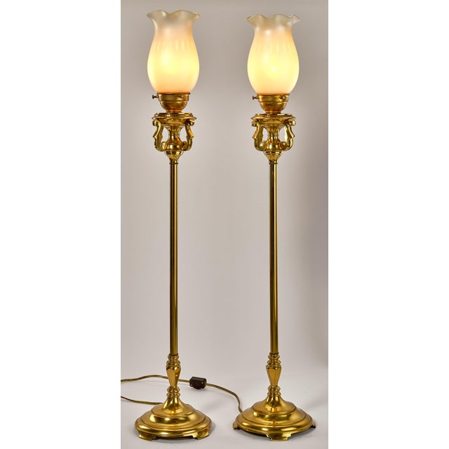 Table Top Brass Torchiere Lamps With Vintage Opaline Glass Shades a