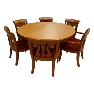 1990s Bold Scrolls Vintage Dining Walnut Color Hardwood Chairs and Large Pedestal Table Dining - Set of 7 For Sale