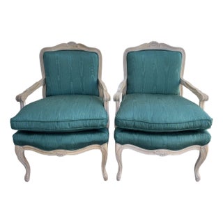 French Style Bergere Armchairs With Teal Blue Upholstery by Sam Moore, a Pair For Sale