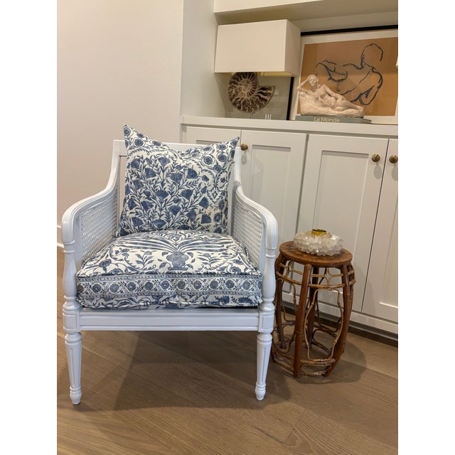 White Vintage Hibriten Bernhardt Caned Armchair With Lee Jofa Oscar De La Renta Sameera Fabric For Sale - Image 8 of 18
