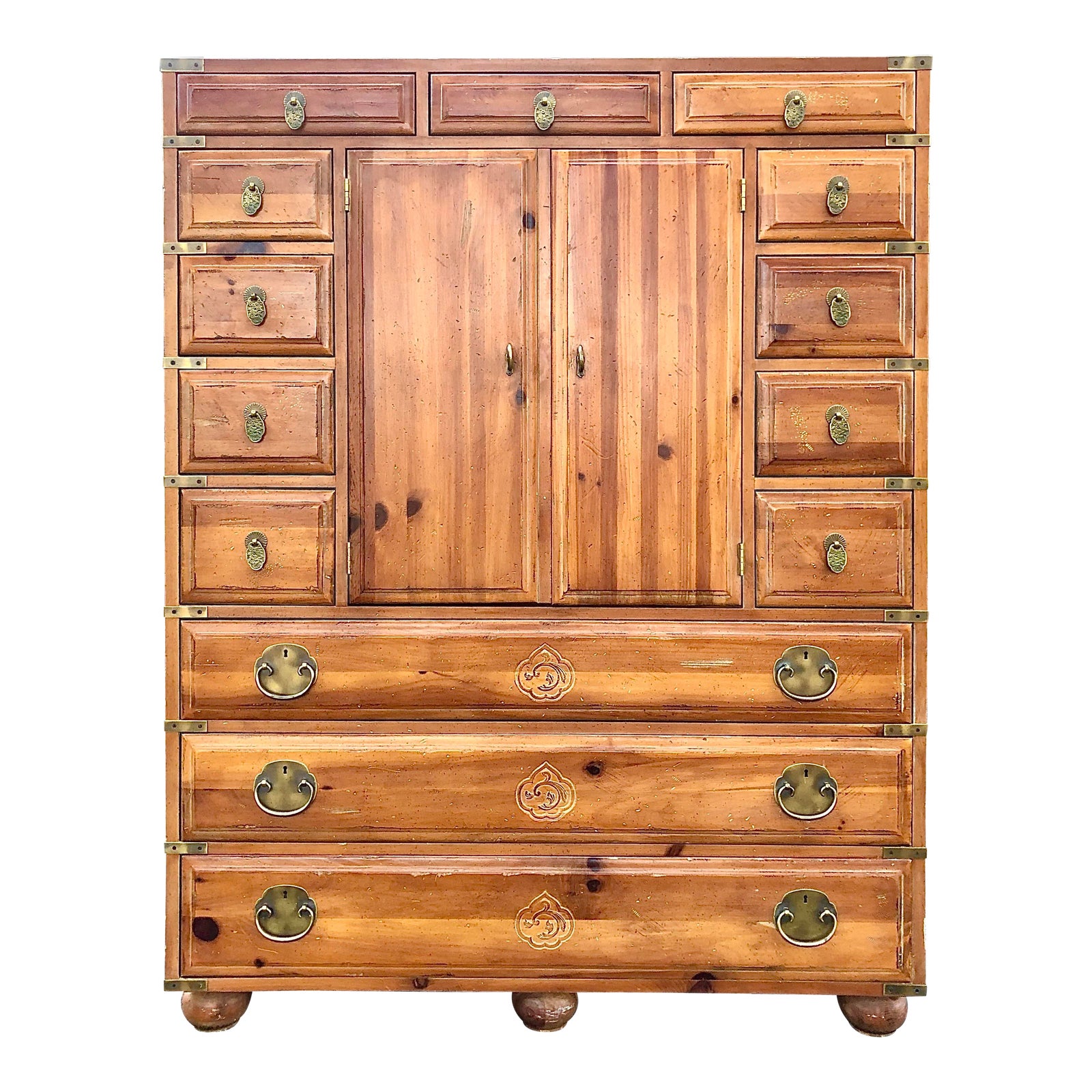 1980s Henredon Pine 14 Drawer Tansu Style Tall Campaign Chest Chairish