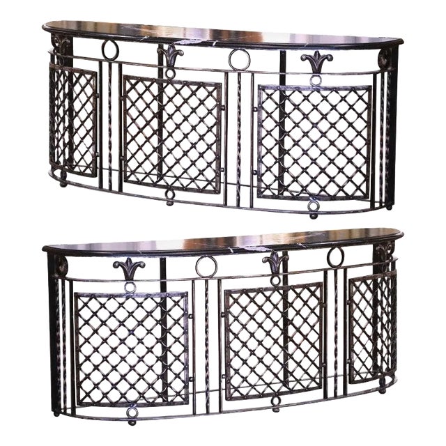 Pair of 19th Century French Marble Top Polished Iron Bow Front Console Tables For Sale