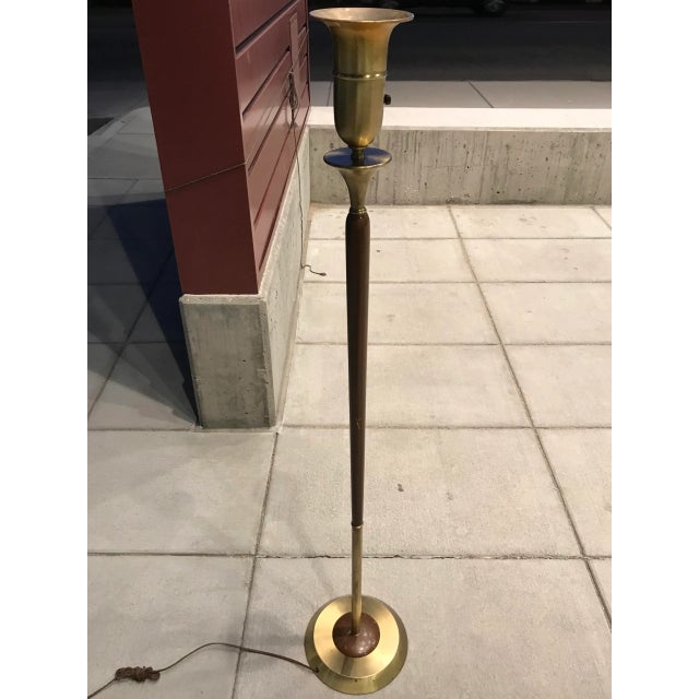 Danish Modern Walnut & Brass Torchiere Floor Lamp Manner of Gerald Thurston for Lightolier For Sale - Image 10 of 13