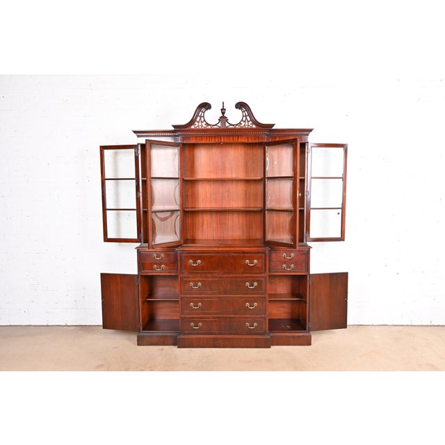 Mid 20th Century Baker Furniture Style Georgian Flame Mahogany Bubble Glass Breakfront Bookcase Cabinet With Drop Front Secretary Desk For Sale - Image 5 of 12