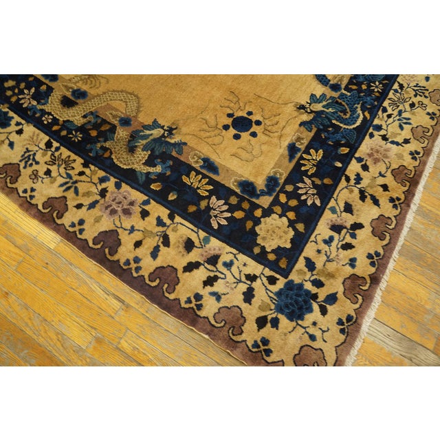 1920s Beige Open Field Antique Large Chinese Peking Dragon Floral Knotted Rug For Sale - Image 4 of 9