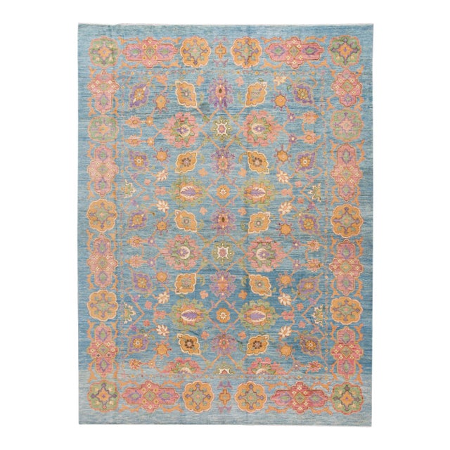 Oversize Blue Modern Oushak Handmade Wool Rug For Sale