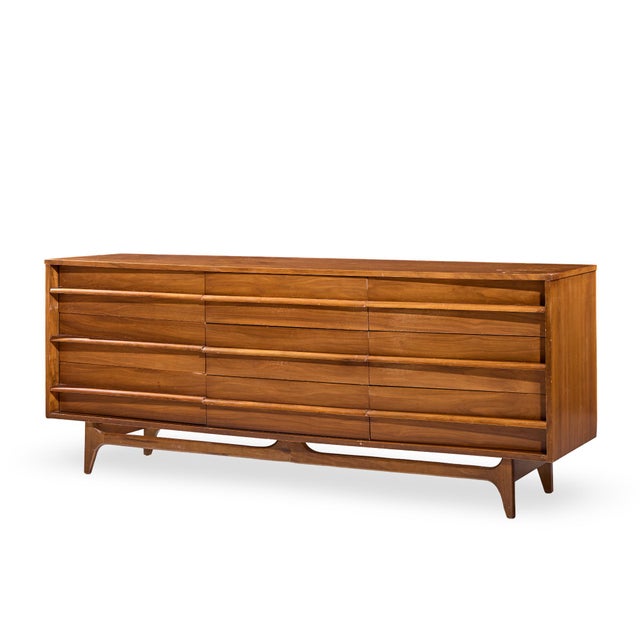 Mid-Century Modern Young Manufacturing Mid Century Walnut Curved Lowboy Dresser For Sale - Image 3 of 7