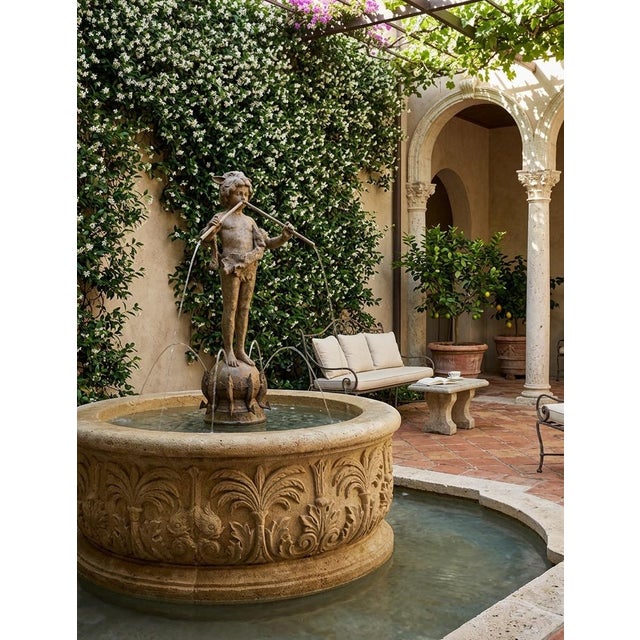 Metal Vintage Neoclassical Patinated Bronze Fountain – Boy Playing Double Flute on Fish Base For Sale - Image 7 of 11