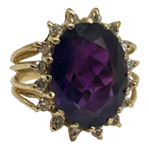14k Yellow Gold 9 Carat Oval Amethyst & Diamond Ring Size 6