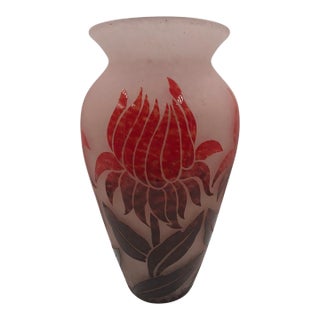 Large Degué French Art Deco Acid-Etched Cameo Glass Vase With Ruby Red Floral Overlay, Circa 1925 For Sale
