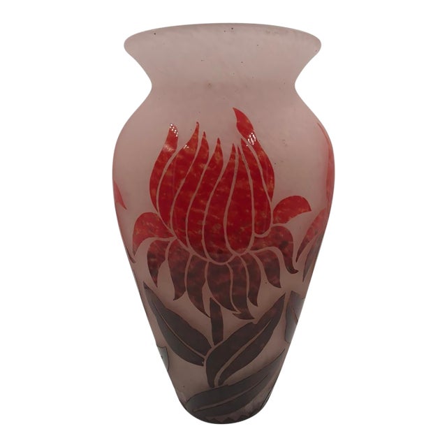 Large Degué French Art Deco Acid-Etched Cameo Glass Vase With Ruby Red Floral Overlay, Circa 1925 For Sale
