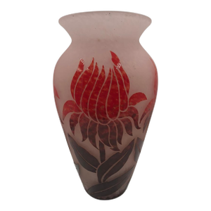 Large Degué French Art Deco Acid-Etched Cameo Glass Vase With Ruby Red Floral Overlay, Circa 1925
