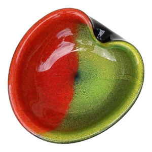 Murano Vintage Half Red Green Gold Flecks on Black Italian Art Glass Heart Shape Decorative Bowl