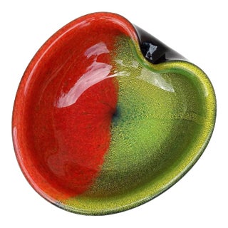Vintage Murano Half Red Green Gold Flecks on Black Italian Art Glass Heart Shape Decorative Bowl For Sale