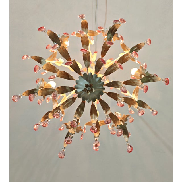 Cream Metal and Glass Chandelier, 1960s For Sale - Image 8 of 10