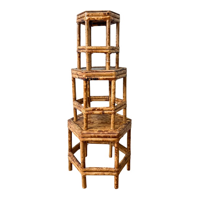 Vintage Graduated Bamboo Plant Stands, Set of 3 – Hollywood Regency / Coastal / Organic Modern For Sale