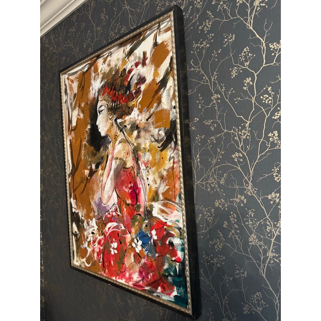 Abstract Large Signed Vintage Figurative Abstract Portrait Painting of Woman in Headdress For Sale - Image 3 of 5