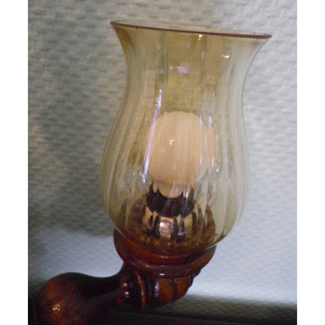 1970s Three-Light Pendant Lamp in Varnished Turned Wood with Amber Tulip-Shaped Glass Shades, France, 1970s For Sale - Image 5 of 18