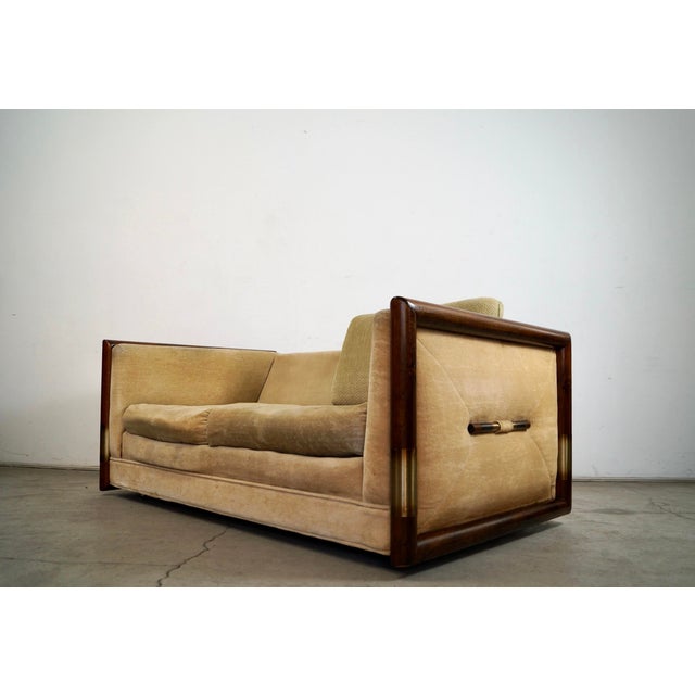 Baker Furniture Company 1970’s Hollywood Regency Campaign Tuxedo Loveseat Sofa For Sale - Image 4 of 12