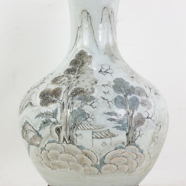 Ceramic Antique Chinese Porcelain Landscape Vase Lamp Hand Painted Mountain and Pavilion Motif For Sale - Image 7 of 14