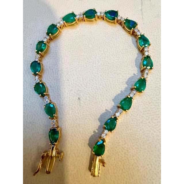 Metal 12 Carat Natural Zambian Emerald & Diamond Tennis Bracelet 14 Karat Yellow Gold For Sale - Image 7 of 8