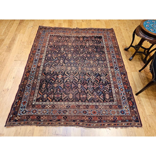19th Century Afshar Tribal Rug, Handwoven Wool, All-Over Geometric Pattern, Navy & Blue, 5x6 For Sale - Image 4 of 18