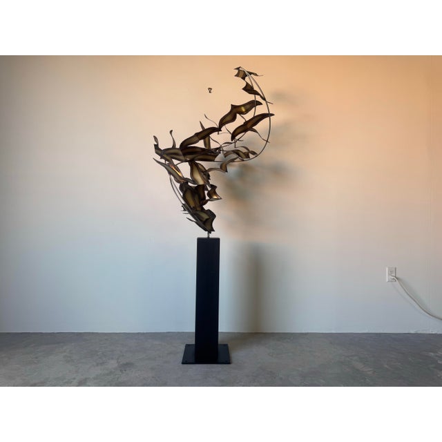 Modern Curtis Jere “Flying Birds” Brutalist Torch-Cut Metal Floor Sculpture on Pedestal/ Sold For Sale In Miami - Image 6 of 12