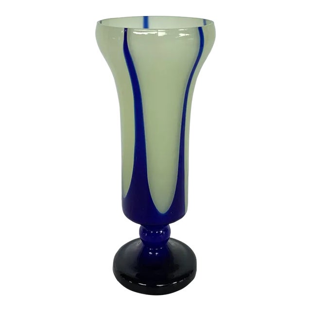 Antique Czech Kralik Pulled Blue and Cream Art Glass Vase For Sale