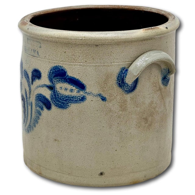 Blue Excellent 1850s Antique American Blue 2 Gallon Flower Decorated Stoneware Jar by S. T. Brewer - Havana New York For Sale - Image 8 of 18