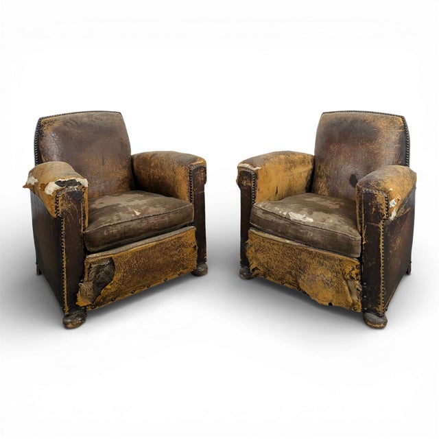 Vintage Leather Club Chairs, Set of 2 For Sale