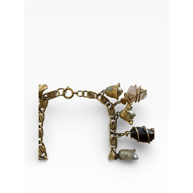 Metal Vintage Gold Tone Wire Wrapped Natural Gemstone and Small Pearls For Sale - Image 7 of 10