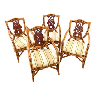 Set of 4 Coastal Palm Beach Style Bamboo and Mahogany Arm Chairs For Sale