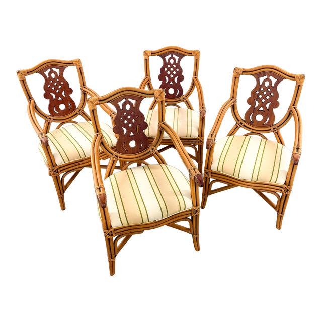 Set of 4 Coastal Palm Beach Style Bamboo and Mahogany Arm Chairs For Sale