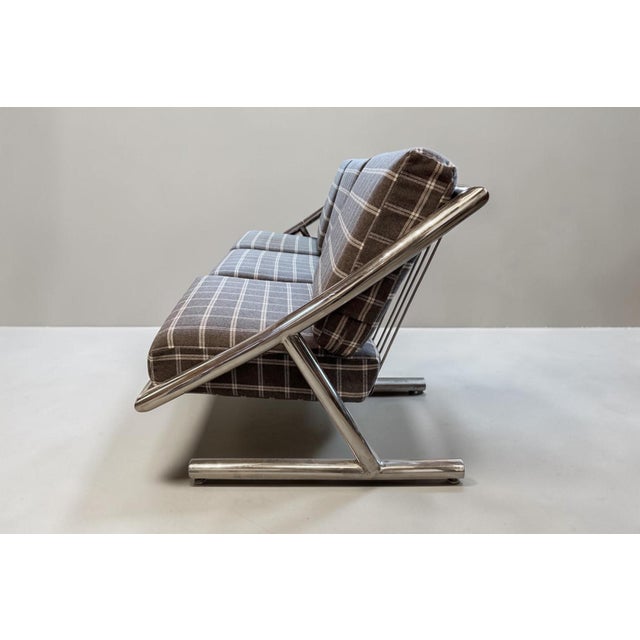 Mid Century Chrome Sofa by Italian Designer Plato Ginello, With Pollack Wool Plaid Fabric For Sale - Image 4 of 12
