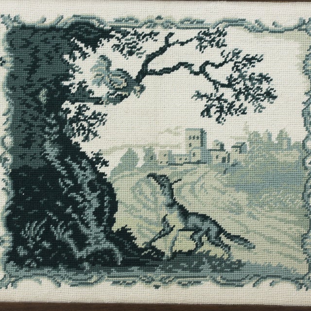 Traditional Vintage Framed Needlework Blue Monochrome Woodland Landscape With Hound and Estate Motif For Sale - Image 3 of 8