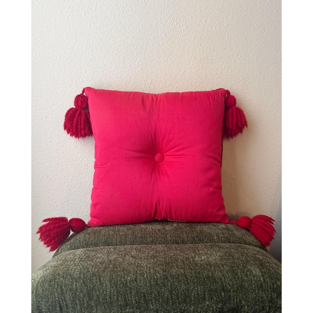 Folk Art Vintage Handwoven Geometric Pillow With Oversized Red Tassels For Sale - Image 3 of 4