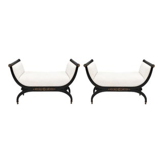 Pair French Empire Style Ebonized & Brass Mounted Upholstered Benches For Sale