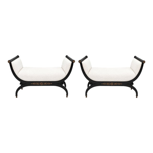 Pair French Empire Style Ebonized & Brass Mounted Upholstered Benches For Sale
