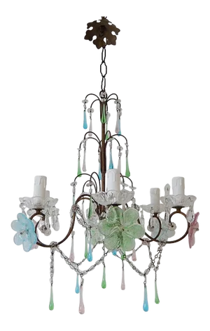 Italian Murano Multi-Color Flowers & Drops Chandelier Blue Green Pink Circa 1930
