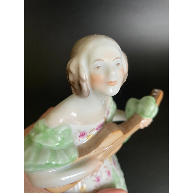 Celadon 1964 Herend Hungary Porcelain Woman Playing Guitar Figurine For Sale - Image 8 of 12