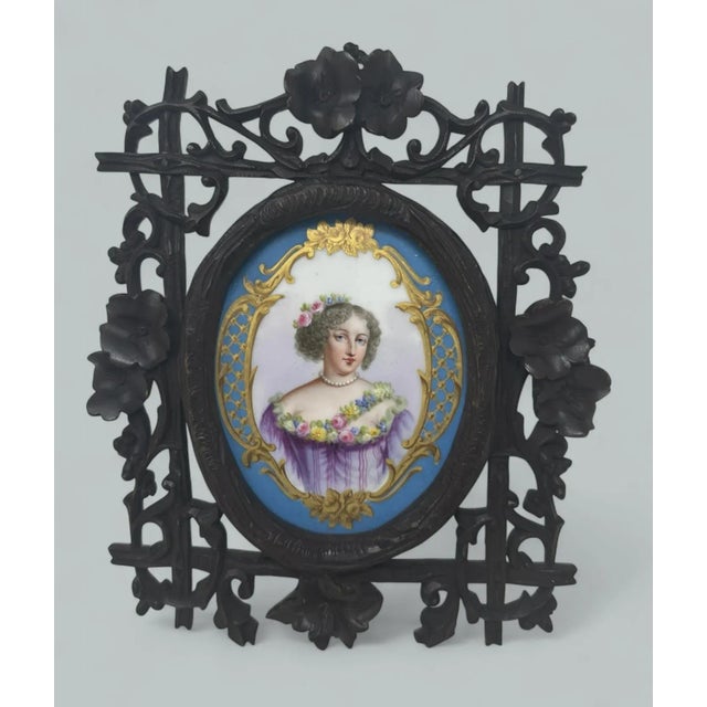 Late 19th Century Antique French Sevres Celest Porcelain Framed Plaque Hand Painted Tea Coffee Cup For Sale - Image 5 of 11