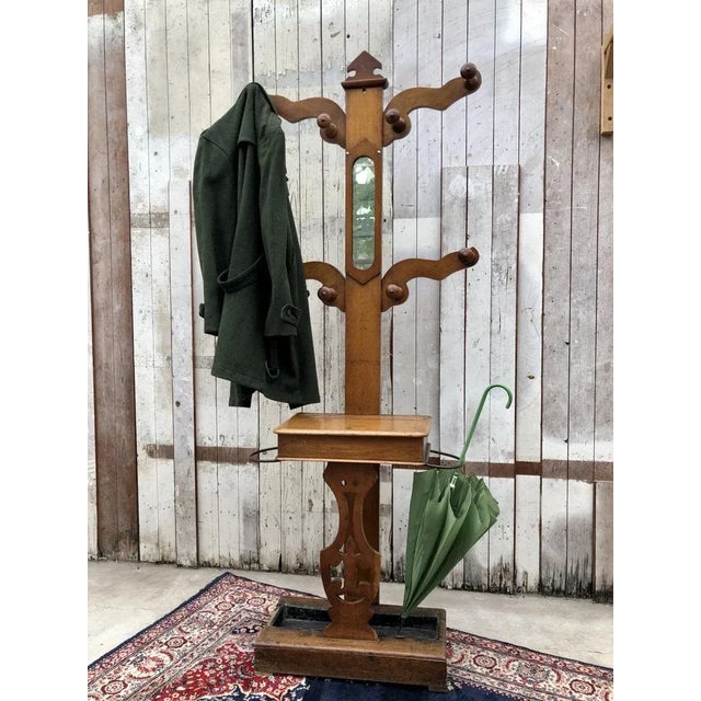 Wood 19th Century Dutch Elm Hall Stand with Mirror, Coat Hooks and Umbrella Holders For Sale - Image 7 of 8