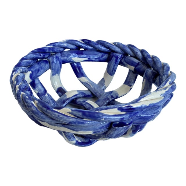 Vintage Blue White Ceramic Pottery Basket Weave Bowl For Sale