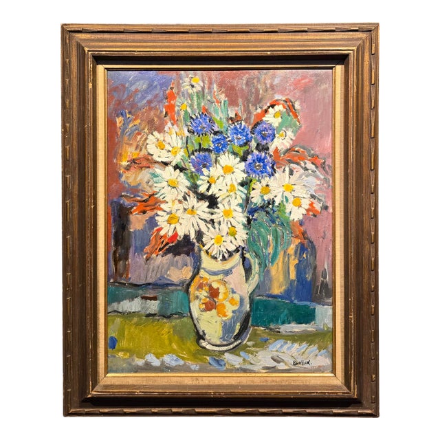 David Burliuk - Vibrant Floral Still Life in Vase– 1950s Oil Painting For Sale