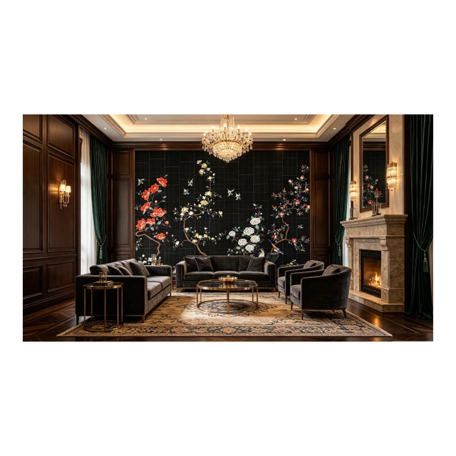 Chinese 36" * H96"/Panel * 4ps, Black Chinese Bird-and-Flower Wallpaper, Bird-and-Flowe Wallpaper Mural, 4 Panels For Sale - Image 3 of 8