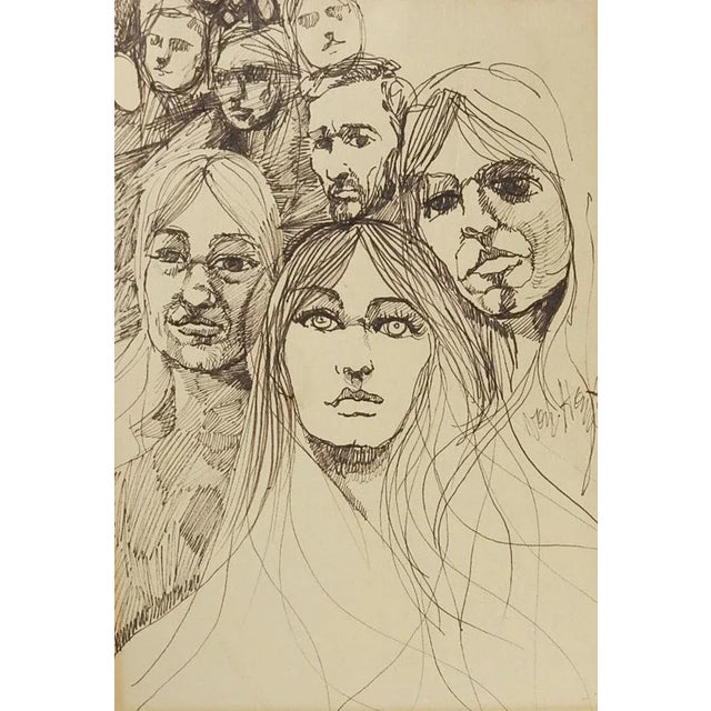 Vintage Mid 20th Century Jacque Von Honts Faces Drawing For Sale - Image 4 of 4