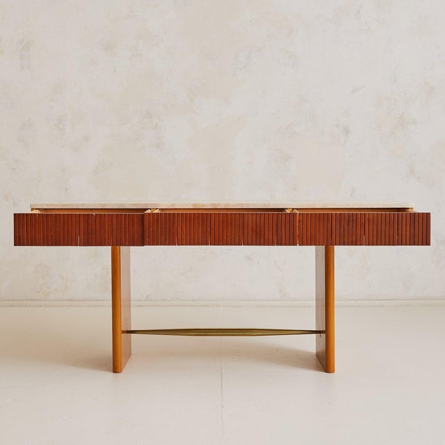 1970s Italian Travertine + Slatted Wood Console Table with Brass Stretcher, 1970s For Sale - Image 5 of 11