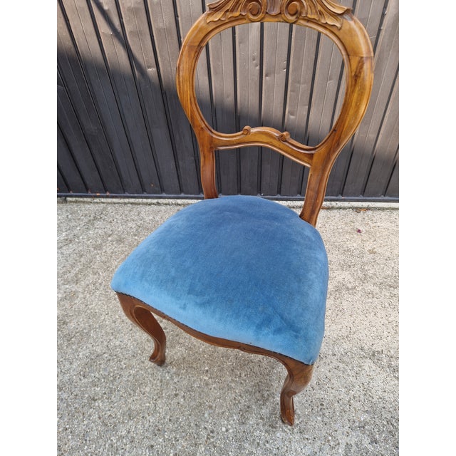 Louis Philippe Chairs in Walnut and Blue Velvet, 1950s, Set of 5 For Sale - Image 12 of 15