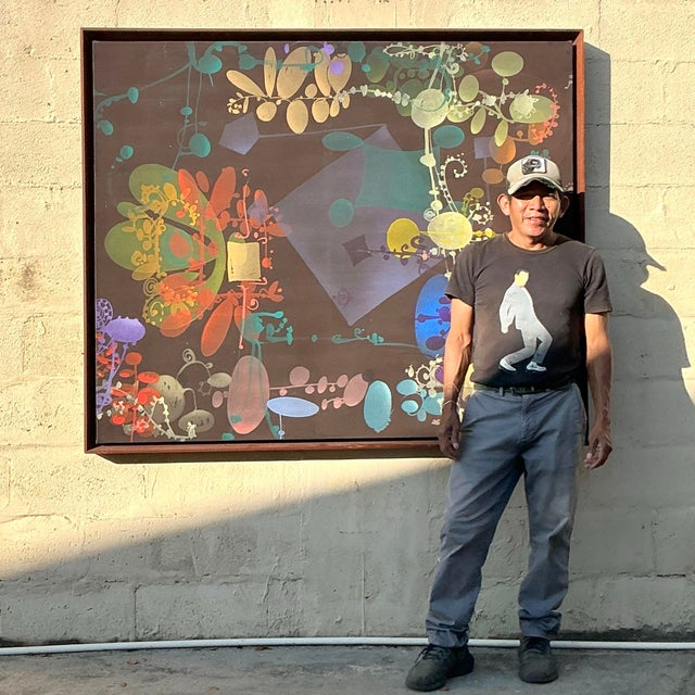 Vintage Boho Original Abstract Geometric Painting on Canvas For Sale - Image 4 of 5