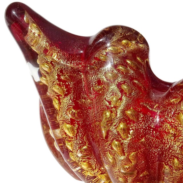 Abstract Barovier Toso Murano Vintage Deep Red Gold Flecks Spike Corners Italian Art Glass Mid Century Bowl For Sale - Image 3 of 8